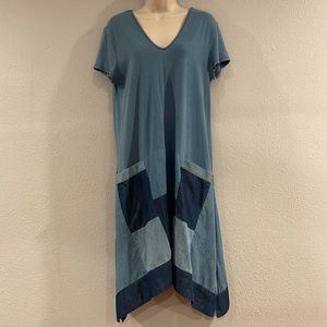 Holding Horses patchwork denim dress with hi low hem and pockets, Sz S/MP